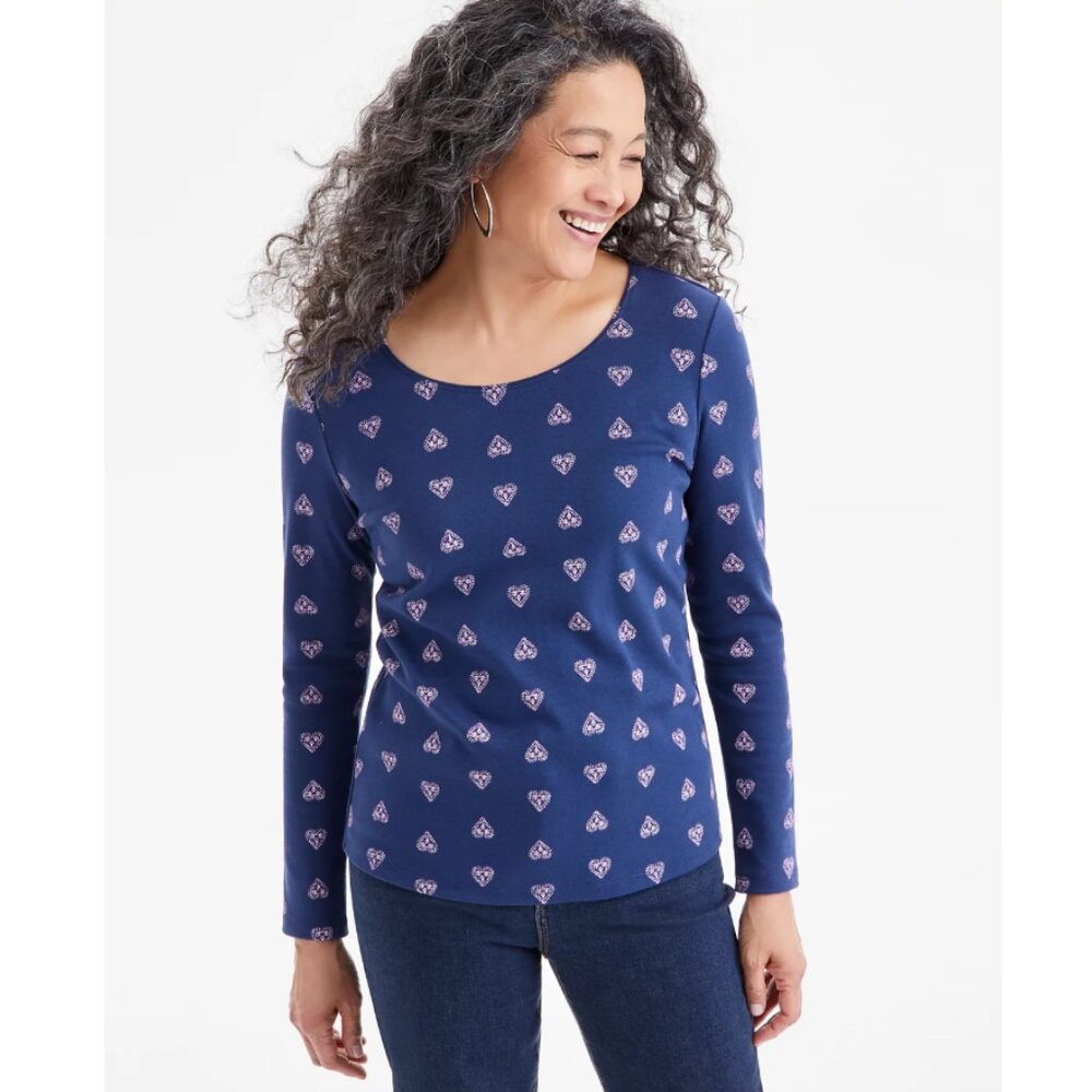 New Style & Co. size XL Blue Purple Heart Print Scoop Neck Long-Sleeve Shirt